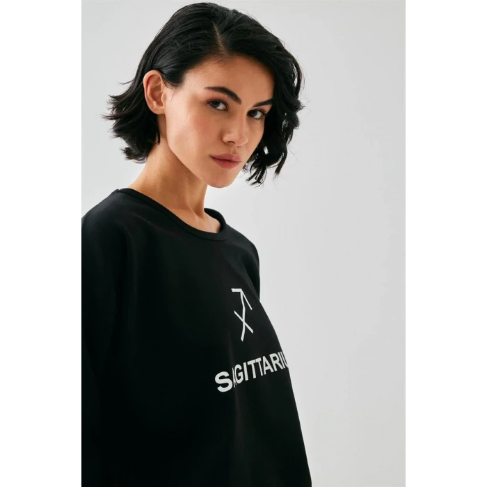 Moda Kadın Siyah Yay Burcu Oversize 2 İplik Eşofman Ev Giyim Takımı