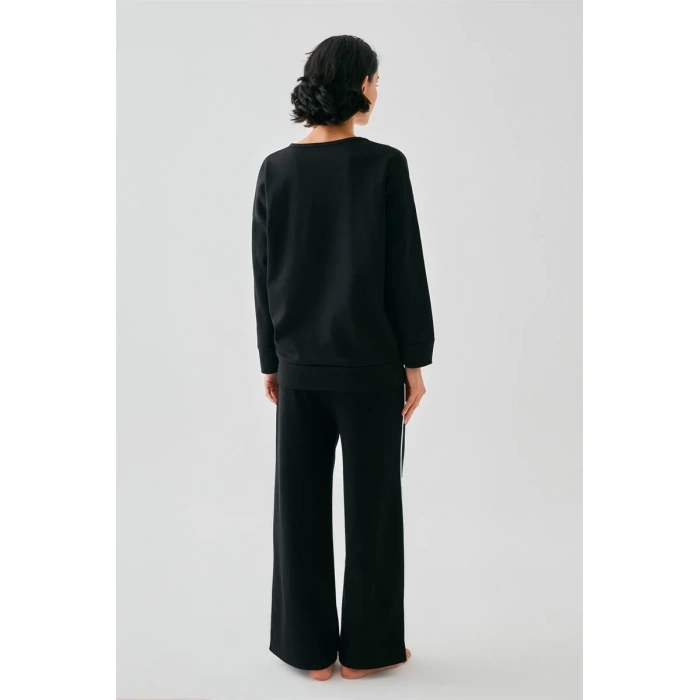 Moda Kadın Siyah Yay Burcu Oversize 2 İplik Eşofman Ev Giyim Takımı
