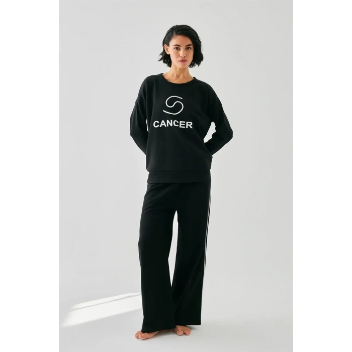 Moda Kadın Siyah Yengeç Burcu Oversize 2 İplik Eşofman Ev Giyim Takımı