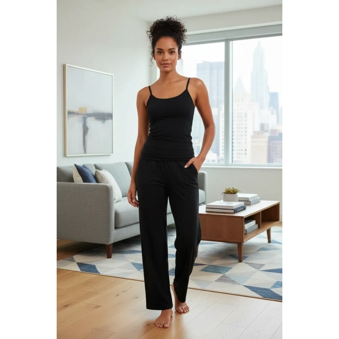 Moda Kadın Siyah Yumuşak Dokulu Minimal İp Askılı Atlet Basic Günlük Şık Üst