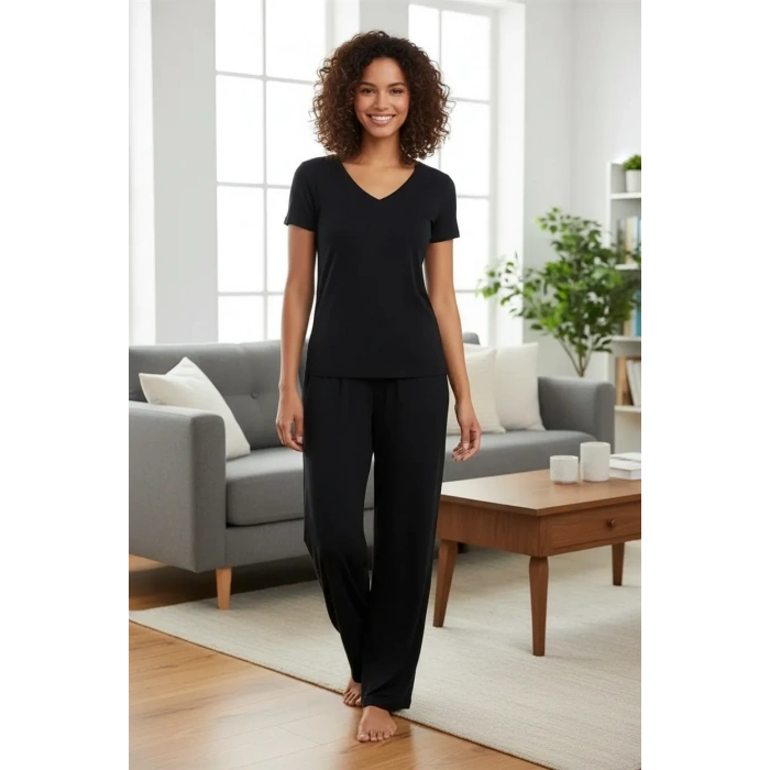 Moda Kadın Siyah Yumuşak Dokulu Minimal V Yaka Üst Basic Günlük Şık Bluz