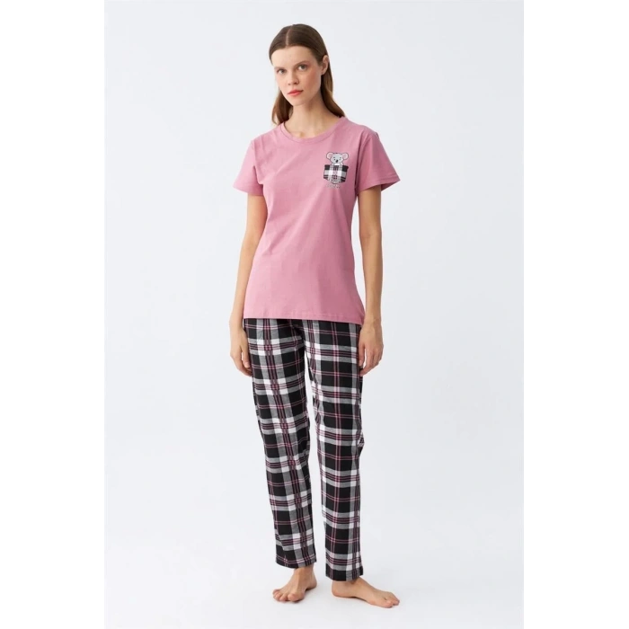 Moda Kadın Somon Ayıcık Baskılı Ekoseli Penye Pijama Takımı