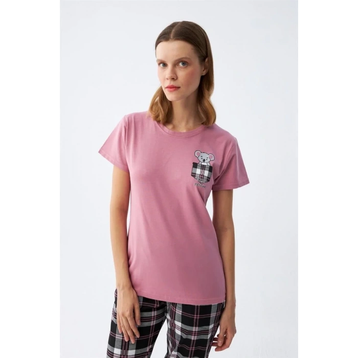 Moda Kadın Somon Ayıcık Baskılı Ekoseli Penye Pijama Takımı