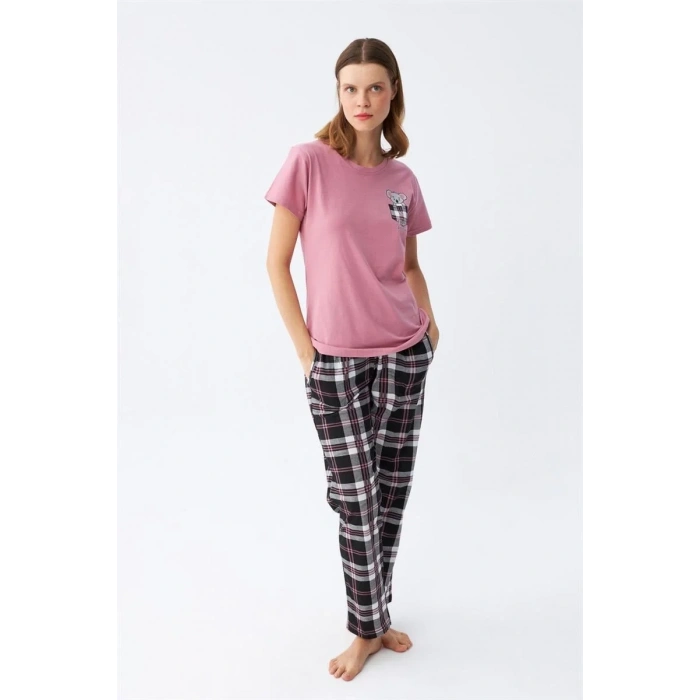 Moda Kadın Somon Ayıcık Baskılı Ekoseli Penye Pijama Takımı