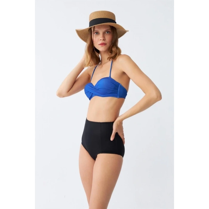 Moda Kadın Straplez Mavi Yüksek Bel Bikini Takımı