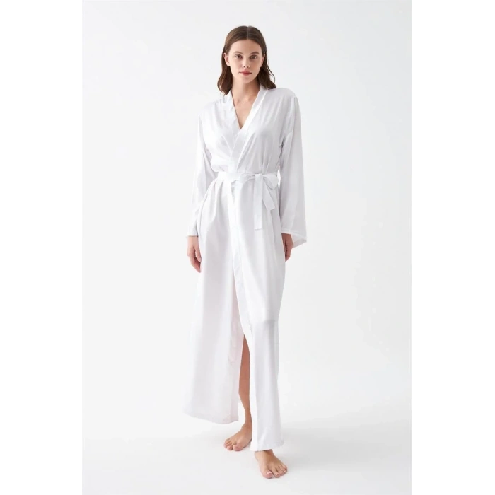 Moda Kadın Uzun Beyaz Saten Sabahlık