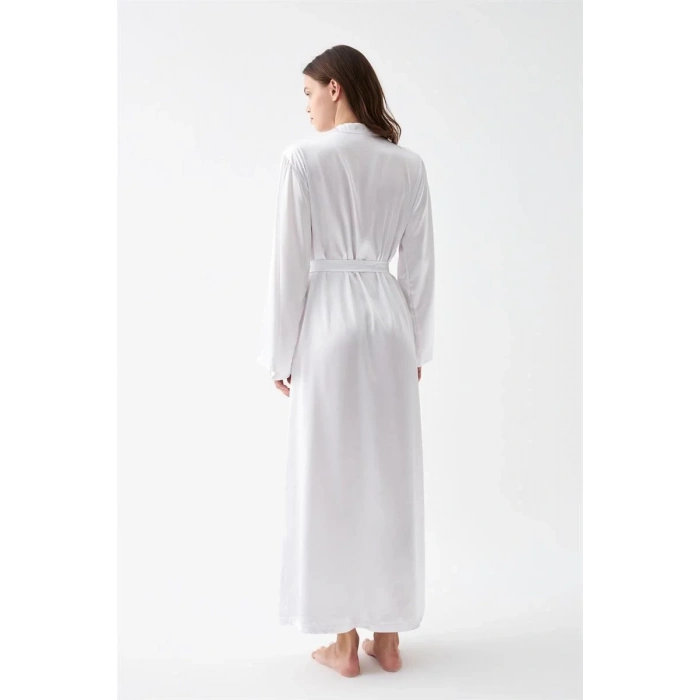 Moda Kadın Uzun Beyaz Saten Sabahlık