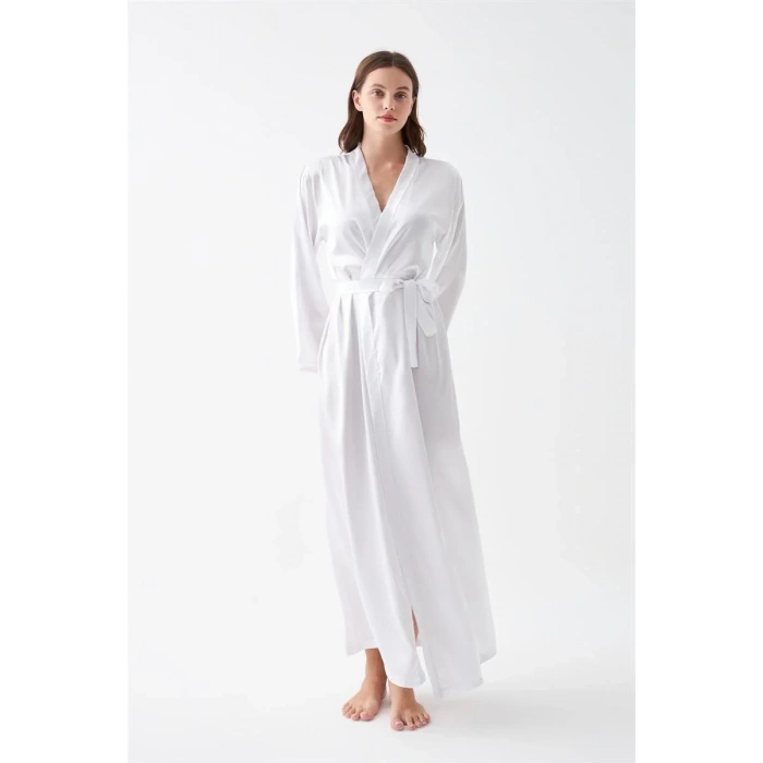 Moda Kadın Uzun Beyaz Saten Sabahlık