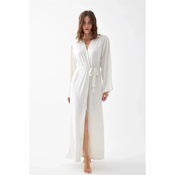 Moda Kadın Uzun Ekru Penye Sabahlık