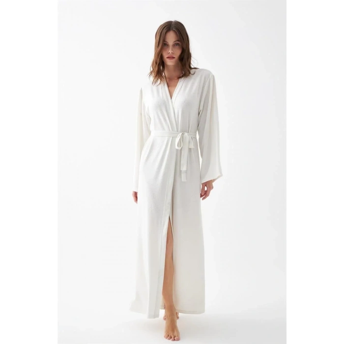 Moda Kadın Uzun Ekru Penye Sabahlık