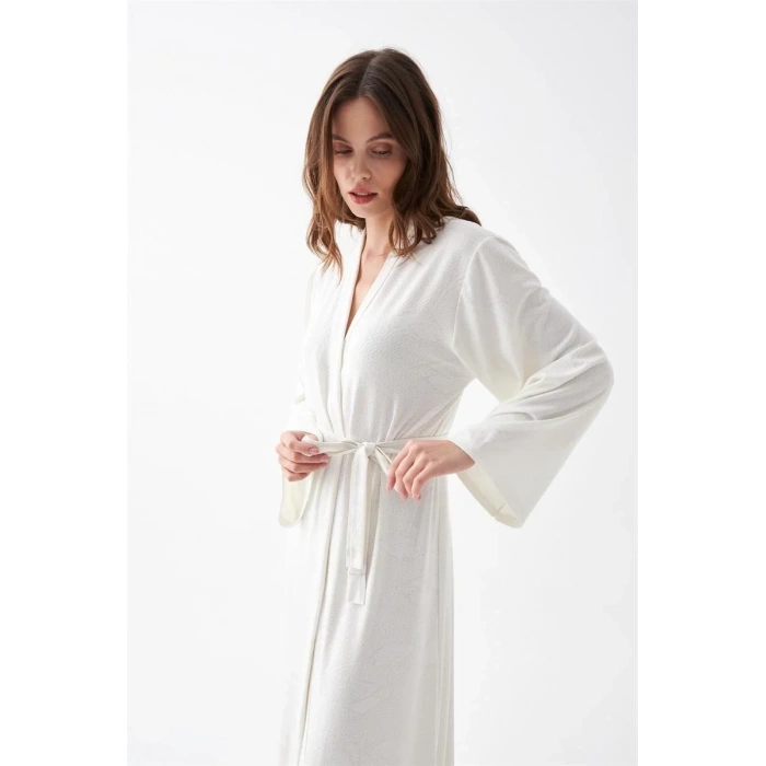 Moda Kadın Uzun Ekru Penye Sabahlık