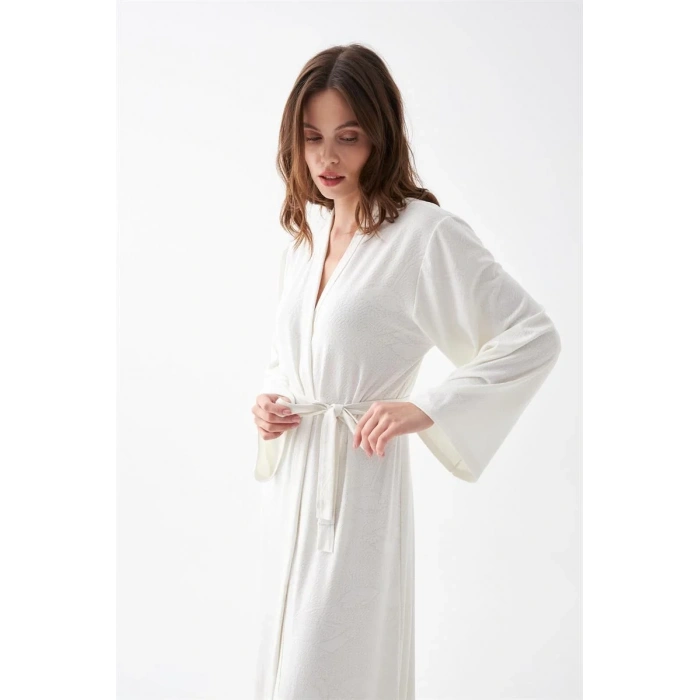 Moda Kadın Uzun Ekru Penye Sabahlık