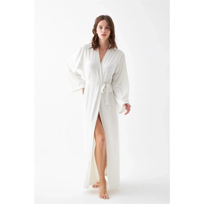 Moda Kadın Uzun Ekru Penye Sabahlık