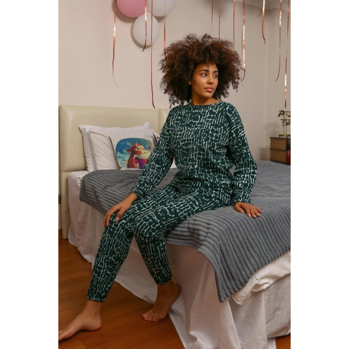Moda Kadın Uzun Kol 3 İplik Penye Pijama Takım Yeşil