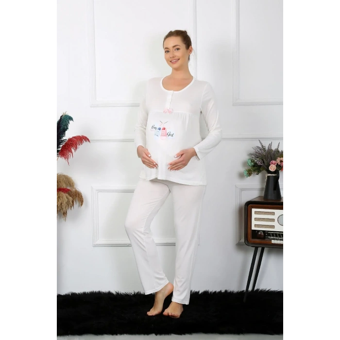 Moda Kadın Uzun Kol Hamile Lohusa Pijama Takımı Ekru