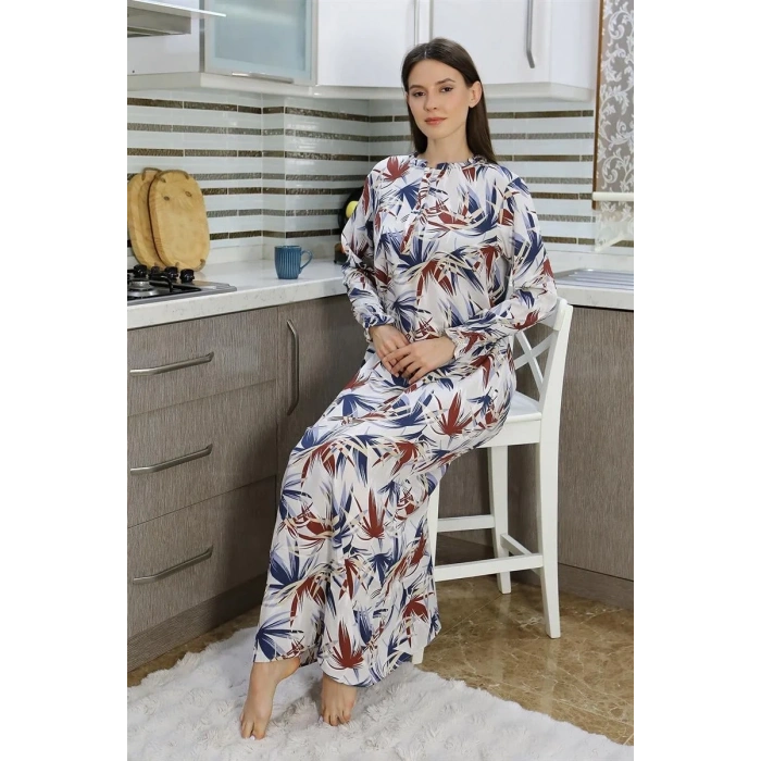 Moda Kadın Uzun Kol Penye Gecelik Ev Elbisesi Krem