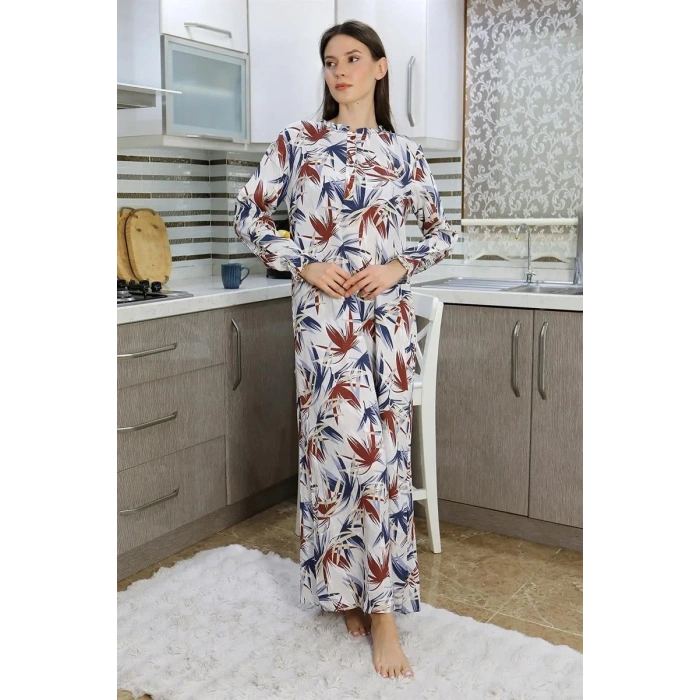 Moda Kadın Uzun Kol Penye Gecelik Ev Elbisesi Krem