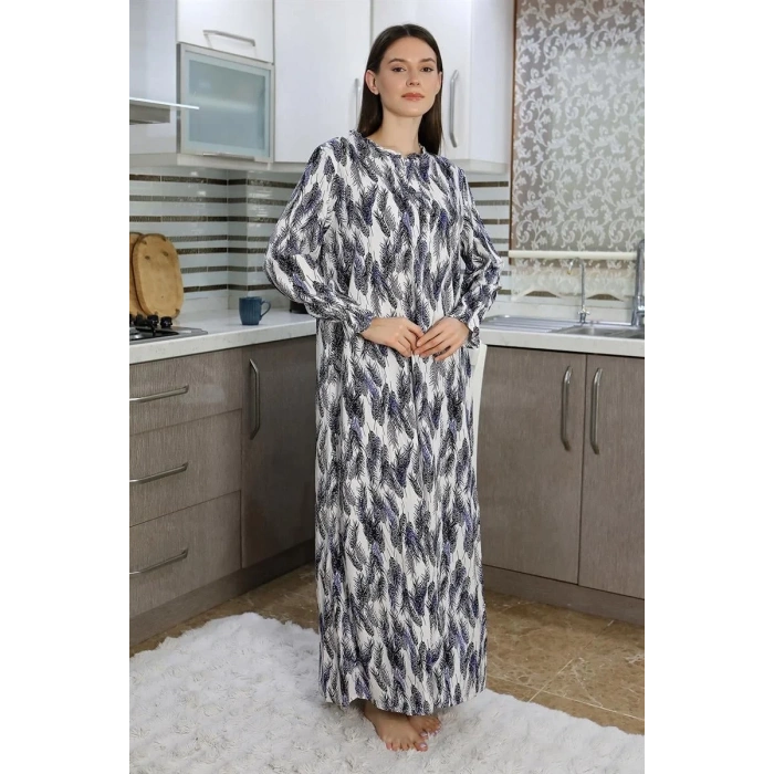 Moda Kadın Uzun Kol Penye Gecelik Ev Elbisesi Mavi