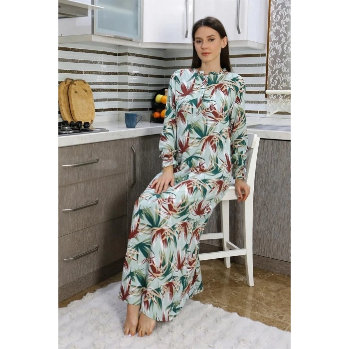Moda Kadın Uzun Kol Penye Gecelik Ev Elbisesi Yeşil