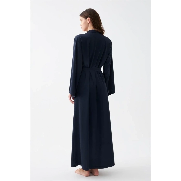 Moda Kadın Uzun Lacivert Saten Sabahlık