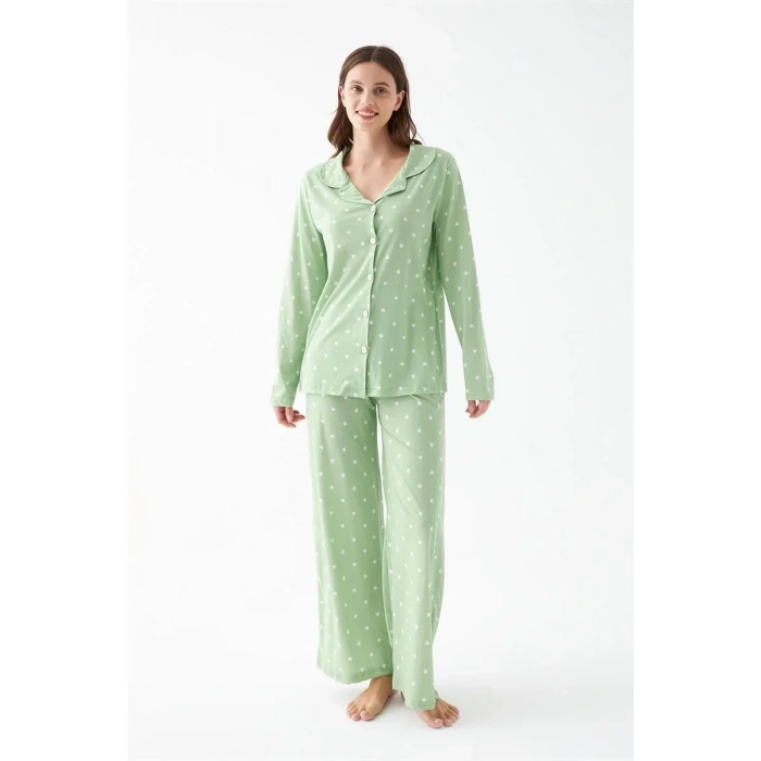 Moda Kadın Yeşil Kalp Desenli Düğmeli Pamuklu Pijama Takımı