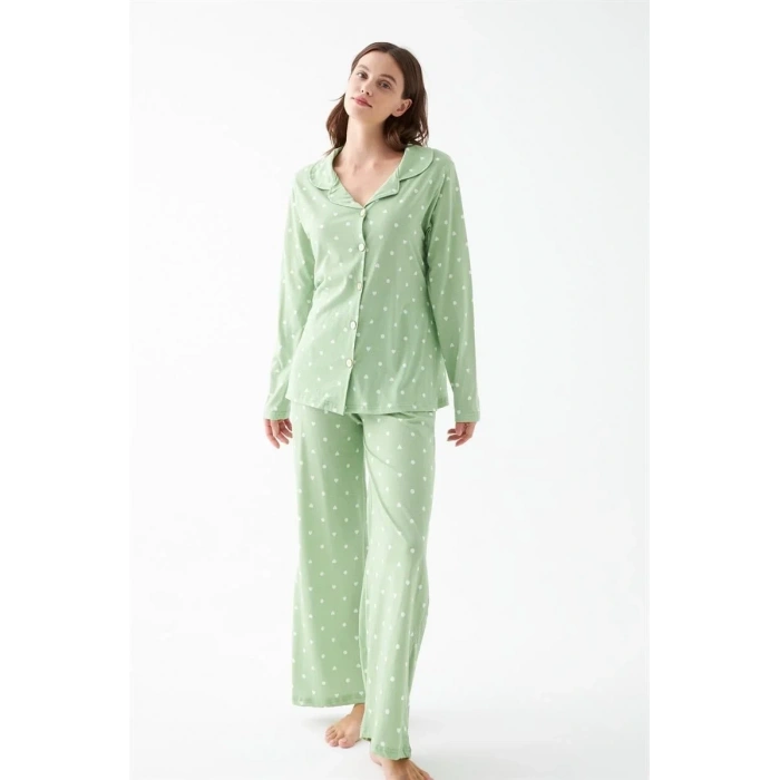Moda Kadın Yeşil Kalp Desenli Düğmeli Pamuklu Pijama Takımı