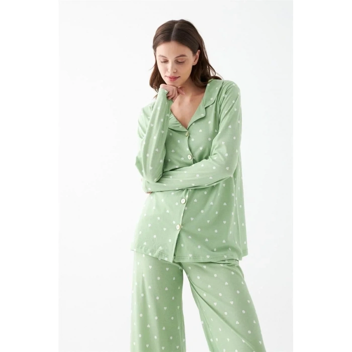 Moda Kadın Yeşil Kalp Desenli Düğmeli Pamuklu Pijama Takımı