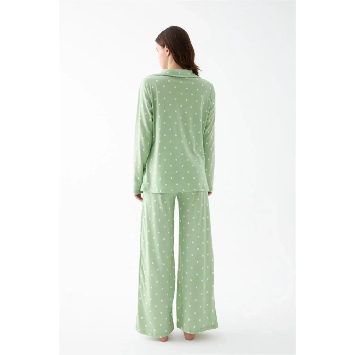 Moda Kadın Yeşil Kalp Desenli Düğmeli Pamuklu Pijama Takımı