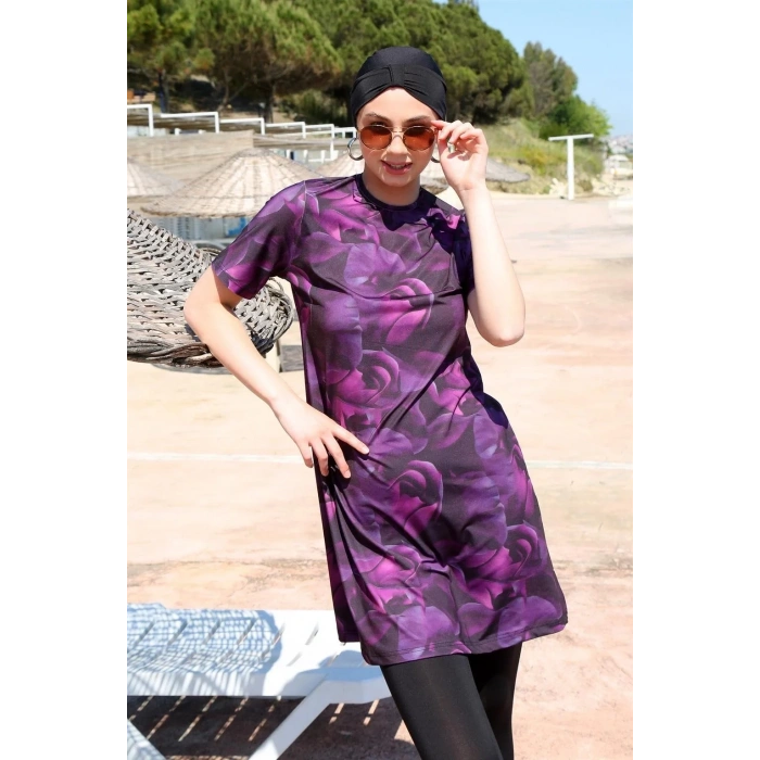 Moda Kısa Kol Güllü Yarım Tesettür Mayo Mor