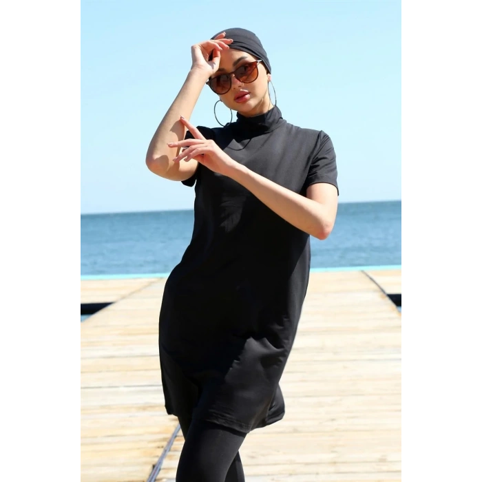 Moda Kısa Kol Siyah Yarım Tesettür Mayo