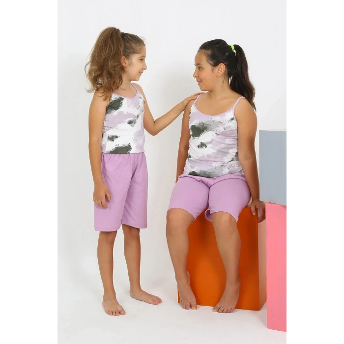 Moda Kız Çocuk İp Askılı Şortlu Penye Lila Pijama Takım