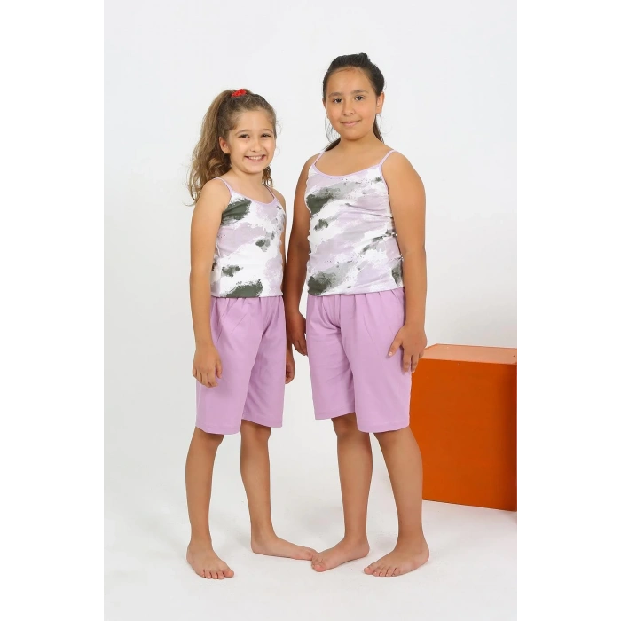Moda Kız Çocuk İp Askılı Şortlu Penye Lila Pijama Takım