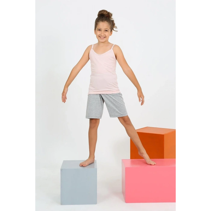 Moda Kız Çocuk İp Askılı Şortlu Penye Pembe Pijama Takım