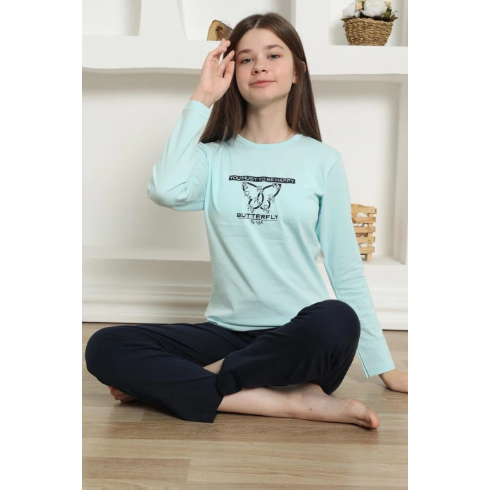 Moda Kız Çocuk Penye Pijama Takım Su Yeşili