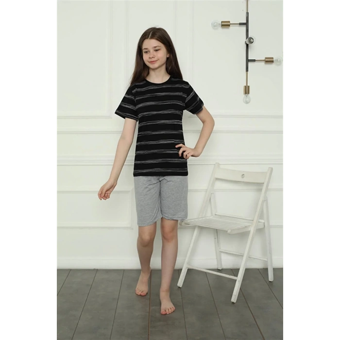 Moda Kız Çocuk Penye Şortlu Pijama Takım Siyah
