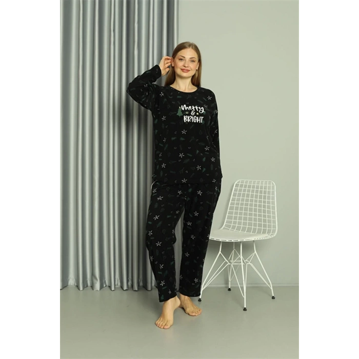 Moda Polar Kadın Büyük Beden Pijama Takımı Siyah