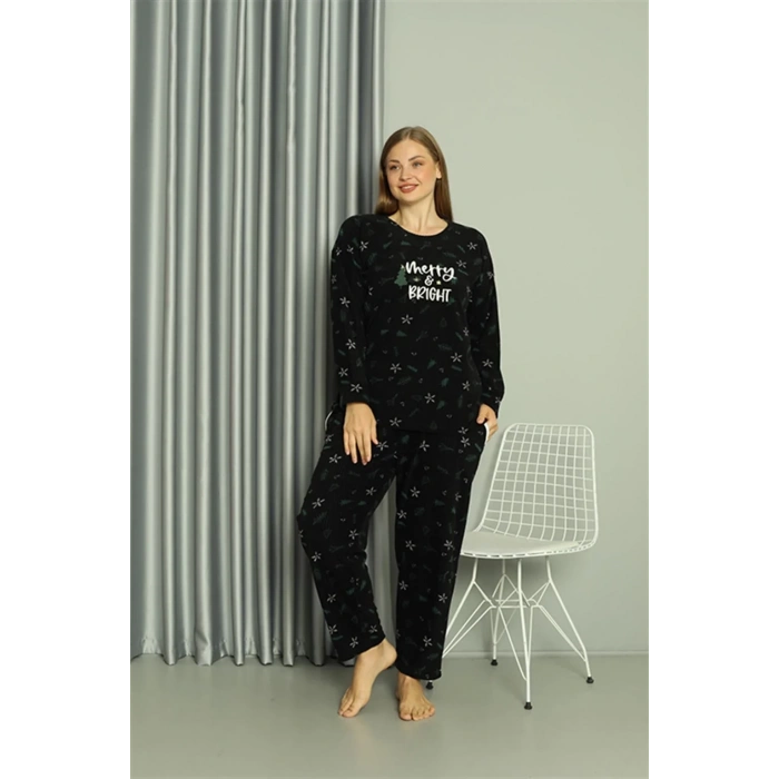 Moda Polar Kadın Büyük Beden Pijama Takımı Siyah