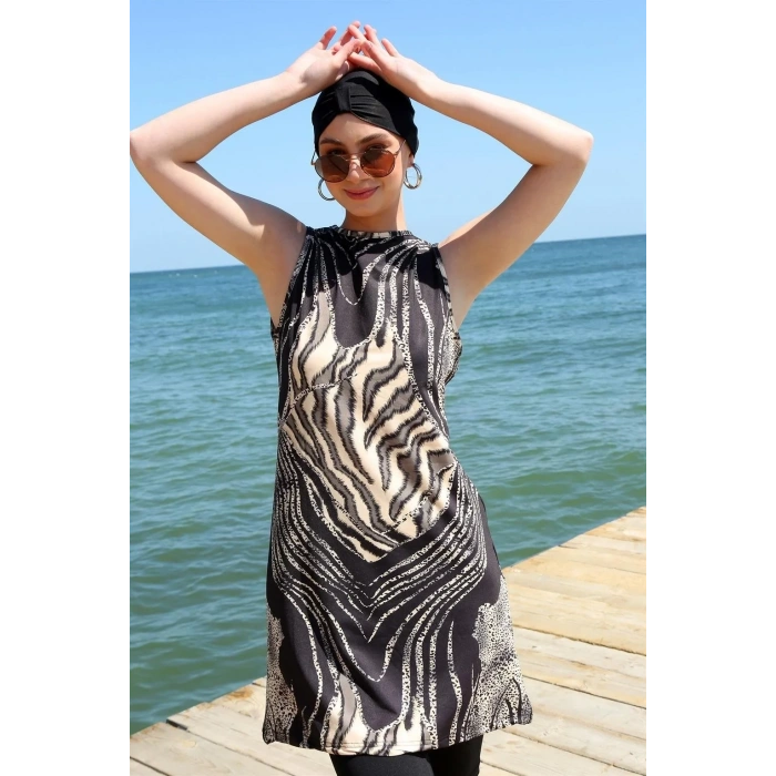 Moda Sıfır Kol Leopar Yarım Tesettür Mayo Siyah