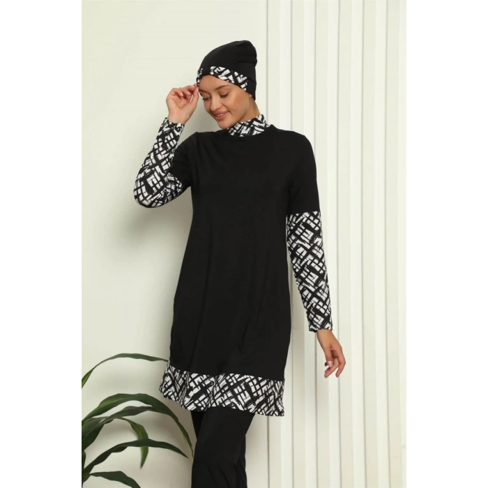 Moda Tam Tesettür Dijital Desenli Mayo Siyah