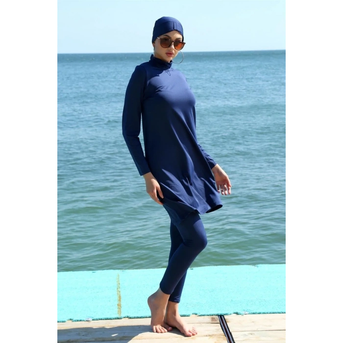 Moda Uzun Kol Likralı Lacivert Tesettür Mayo