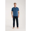 Moda Erkek İndigo Düğmeli Yaka Kısa Kol Pijama Takımı