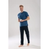 Moda Erkek İndigo Düğmeli Yaka Kısa Kol Pijama Takımı