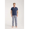 Moda Erkek Lacivert Düğmeli Yaka Kısa Kol Pijama Takımı