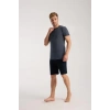 Moda Erkek Lacivert Sıfır Yaka Kısa Kol Şortlu Pijama Takımı