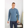 Moda Erkek Penye Uzun Kol Pijama Takımı İndigo