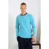 Moda Erkek Penye Uzun Kol Pijama Takımı Turkuaz