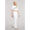 Moda Kadın Beyaz Baskılı Crop T-Shirt Pantolon Takım %100 Pamuk Rahat 2’li Set
