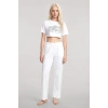 Moda Kadın Beyaz Baskılı Crop T-Shirt Pantolon Takım %100 Pamuk Rahat 2’li Set