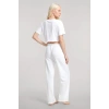 Moda Kadın Beyaz Baskılı Crop T-Shirt Pantolon Takım Rahat Günlük Kombin 2’li Set