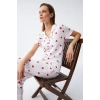 Moda Kadın Beyaz Kırmızı Kalpli Önden Düğmeli Pijama Takımı